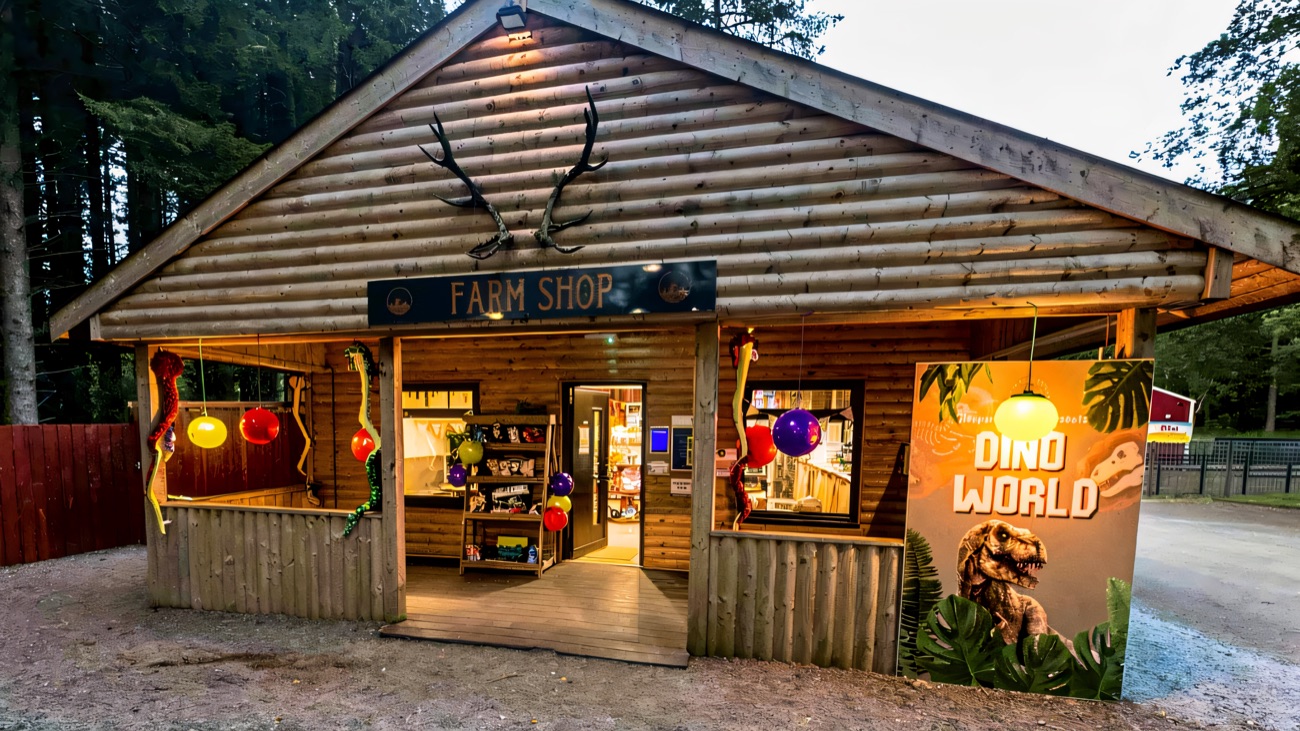 The wooden Farm Shop cabin at Glenpark Estate with an antler crest over the door and balloons at the entrance