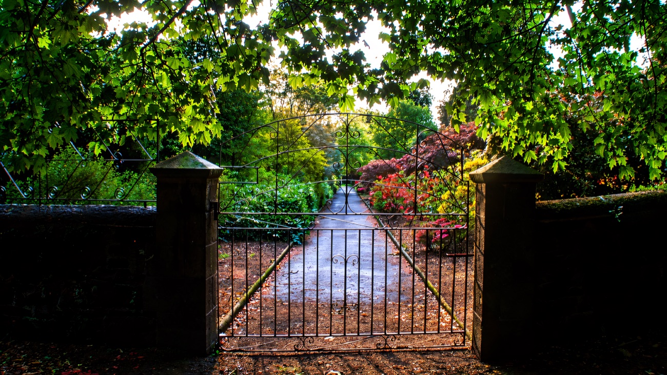 The old iron gates into the walled garden at Gosford Forest Park, a gravel path and beds of shrubs beyond