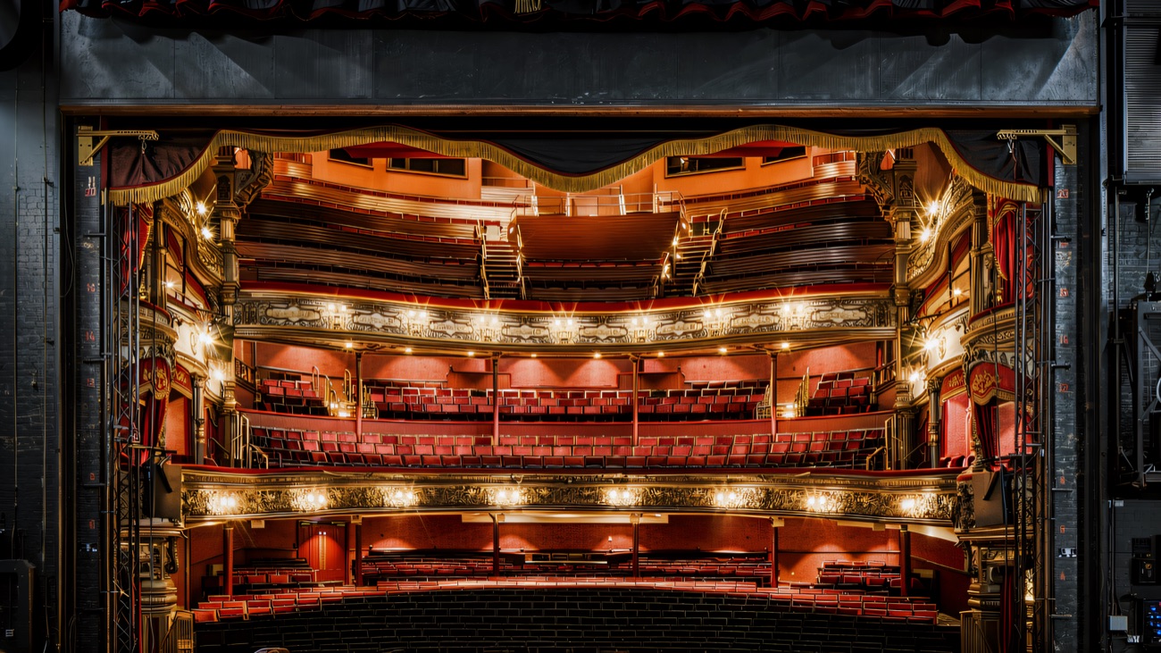 The tiered balconies seen from the stage
