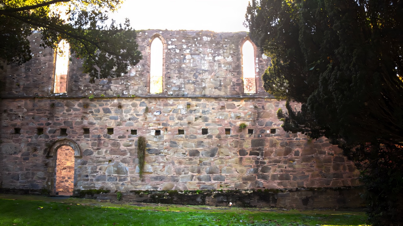 The long nave wall with its tall lancet windows, sheltered by a dark yew.