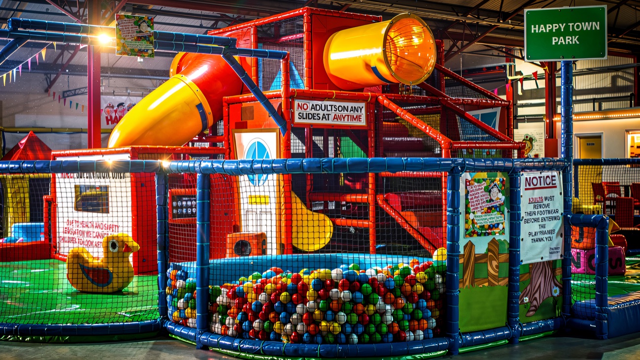 The Happy Town Park toddler area with ball pit, tube slides and a giant yellow duck