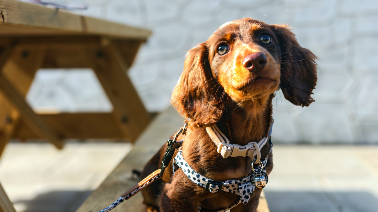 A little dog waiting on the picnic bench outside