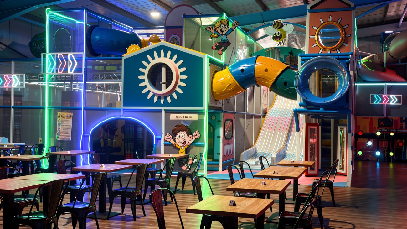 The neon-lit multi-level play frame with slides and tube runs, seen across the empty cafe tables