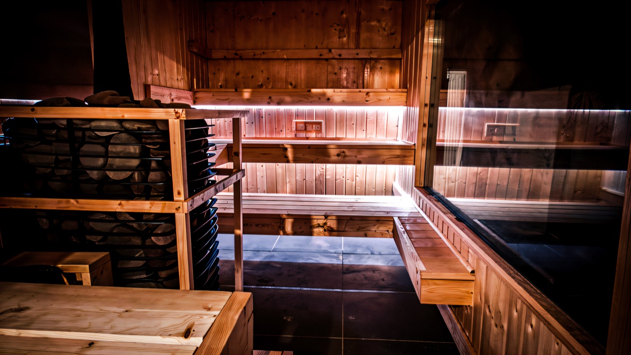 Inside the cabin, benches around the wood-fired stove