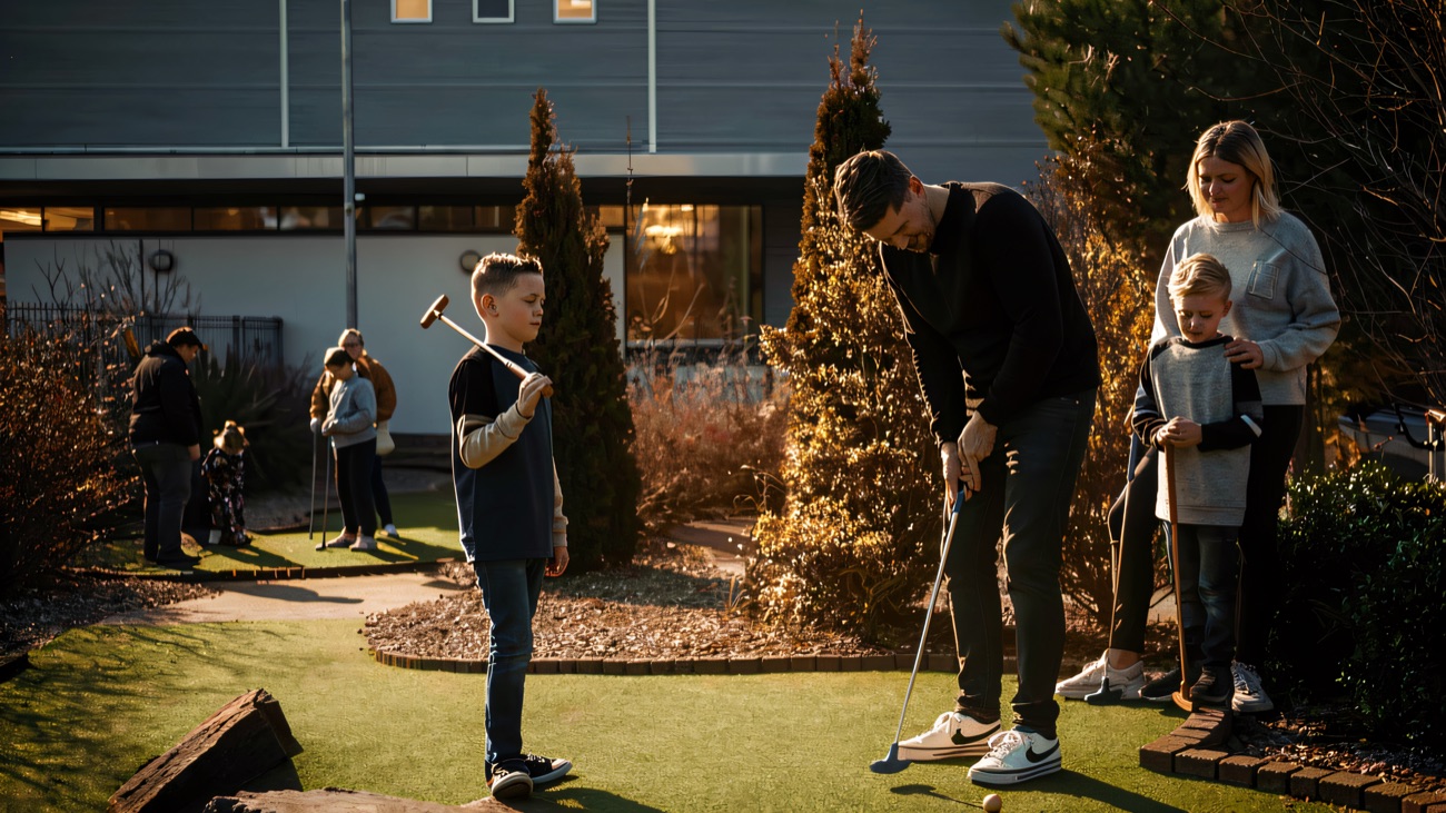 Families work their way around the greens and timber obstacles