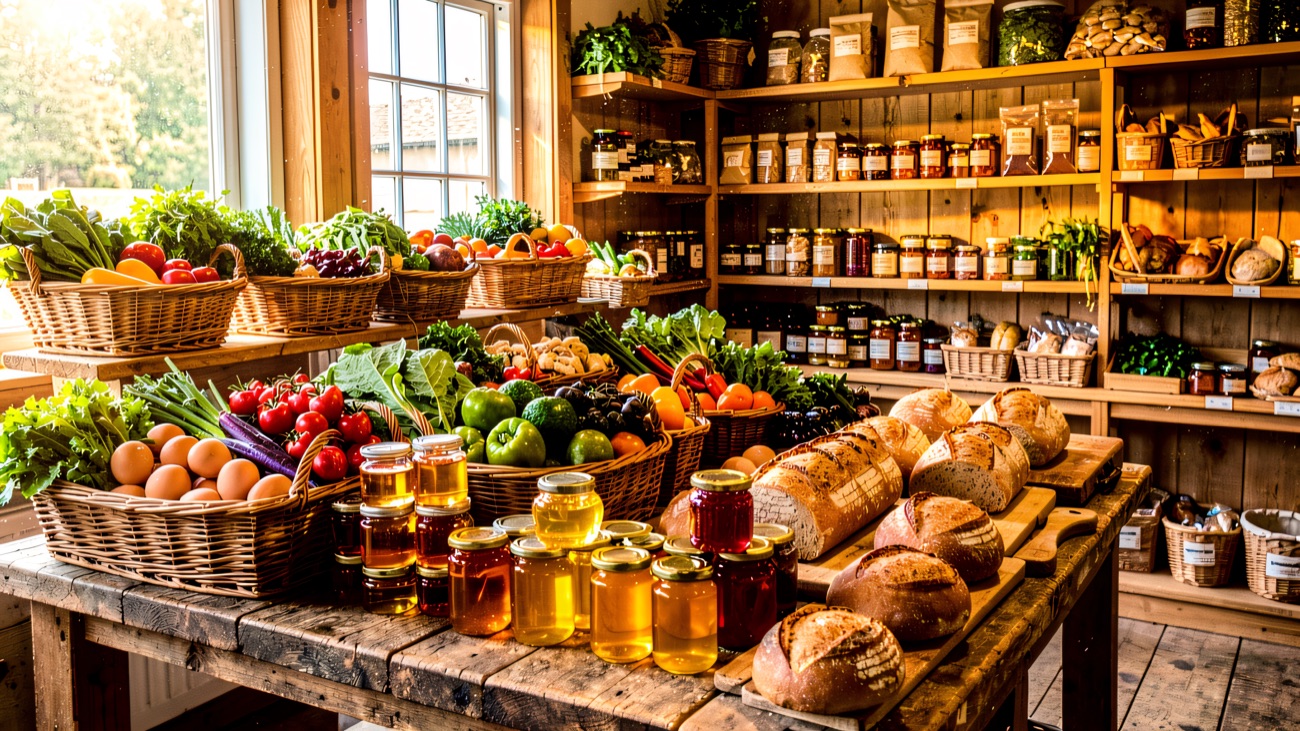 A farm shop table laid with fresh vegetables, breads, eggs and jars of honey