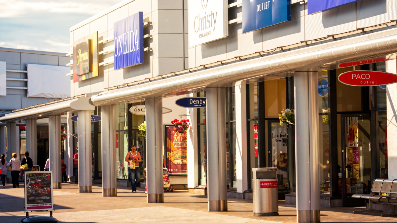 The covered outlet walkway at The Junction, Antrim, lined with shopfronts under a long canopy