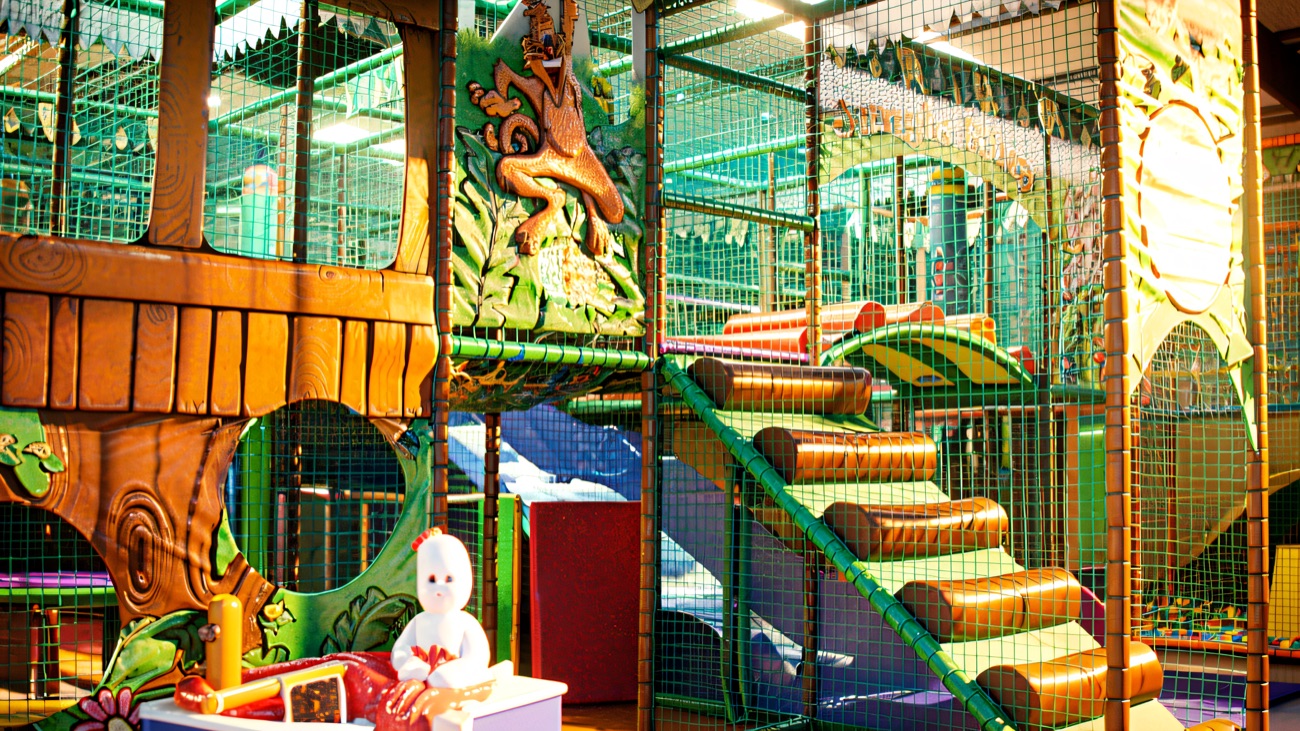Jungle-themed climbing frame under the Jungle King sign