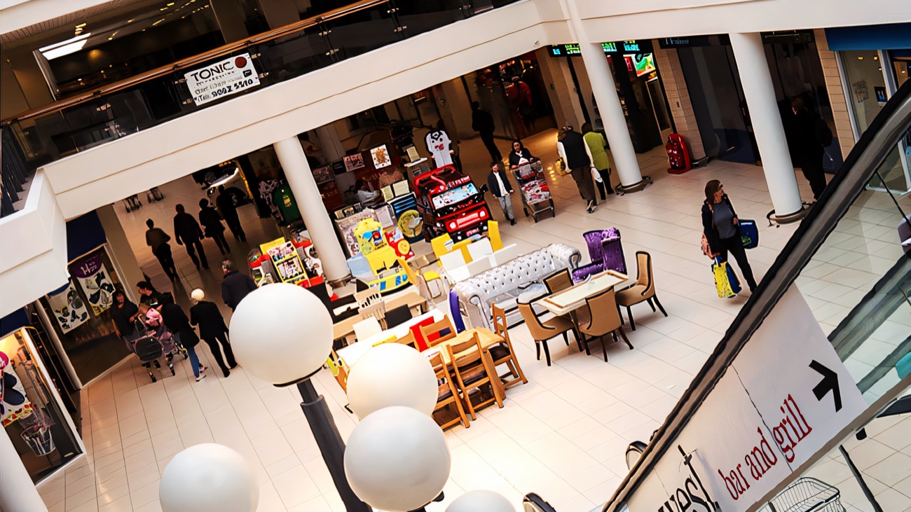 Looking down over the Kennedy Centre mall towards the escalators and the sign for the 26 West bar and grill