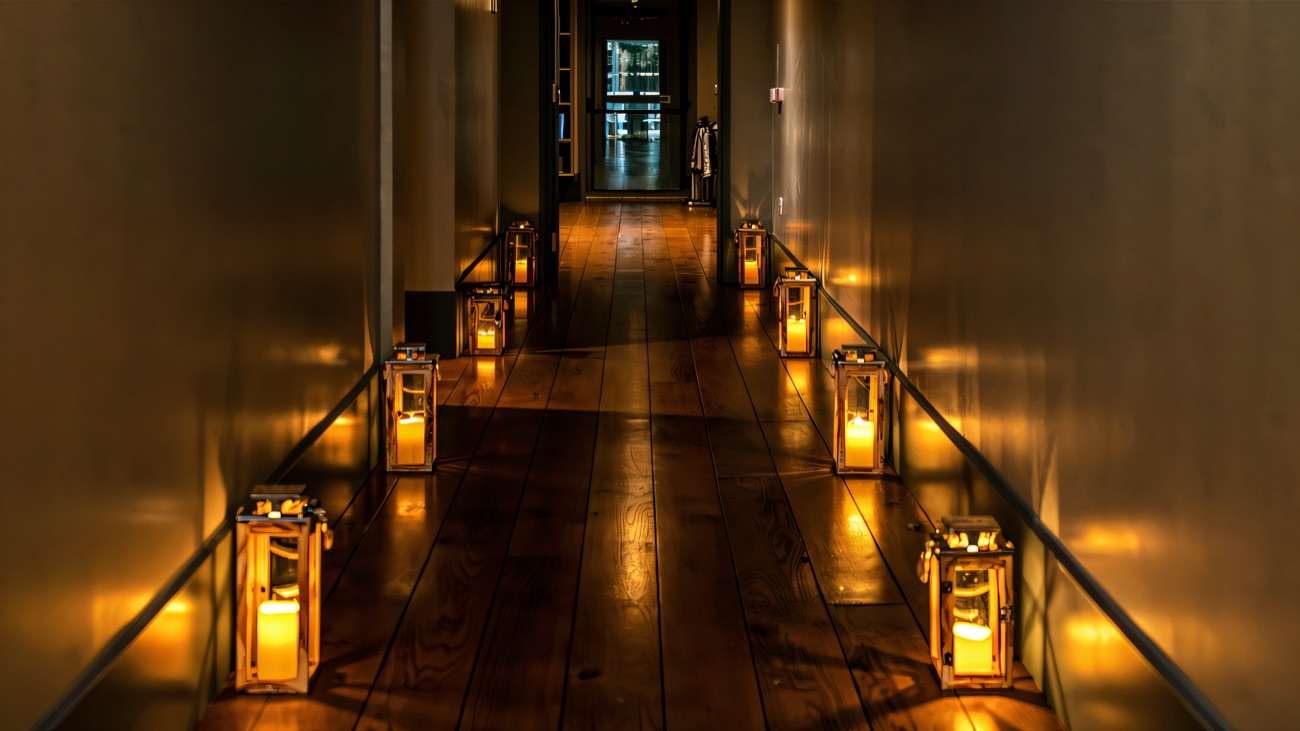 A hushed treatment corridor lit by a row of candle lanterns on a dark timber floor.