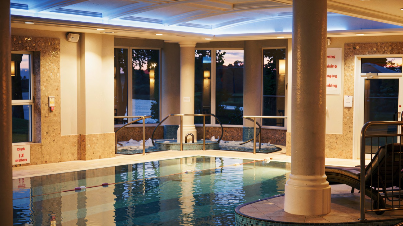 The indoor pool with windows looking out over the lough