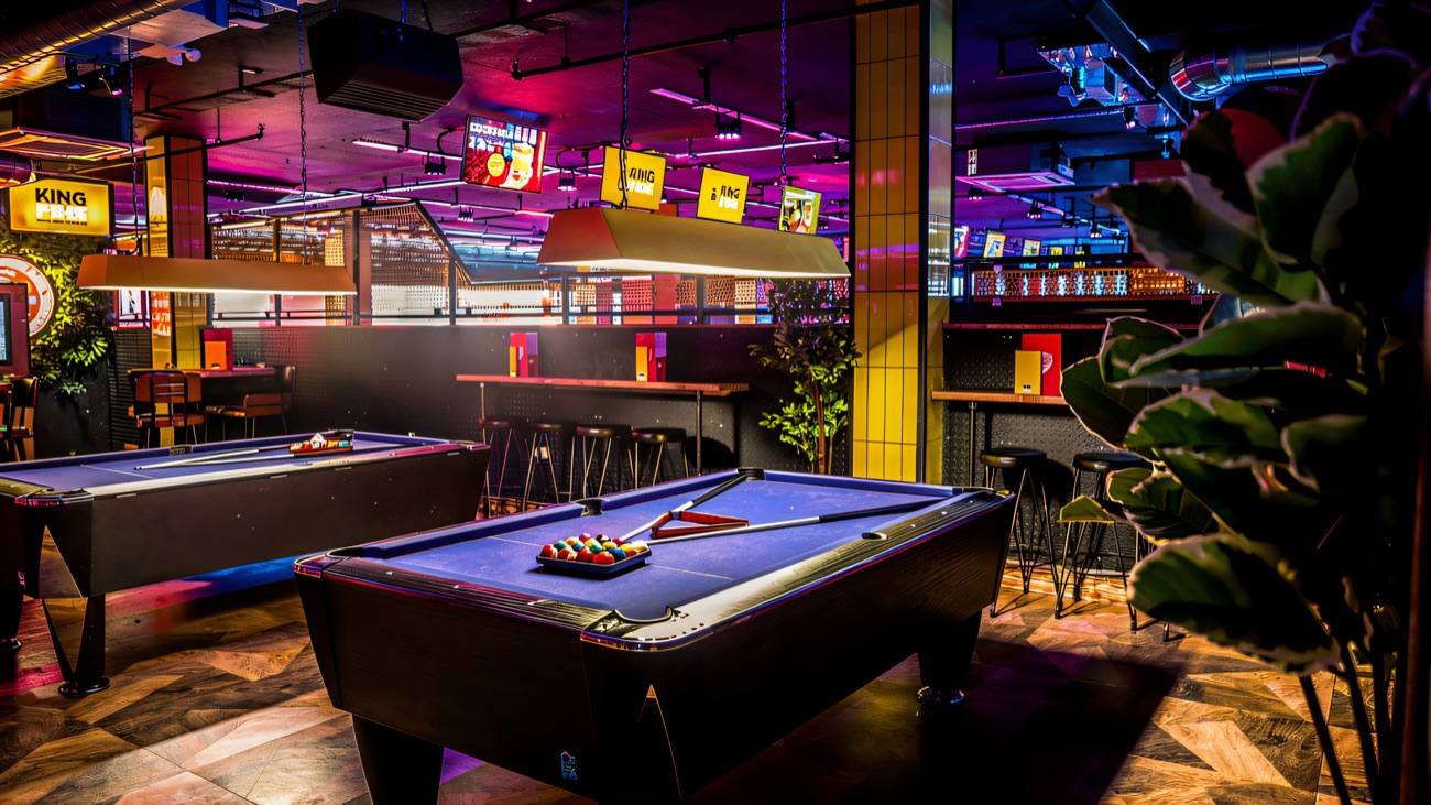 American pool tables and the bar in the King Pins games hall