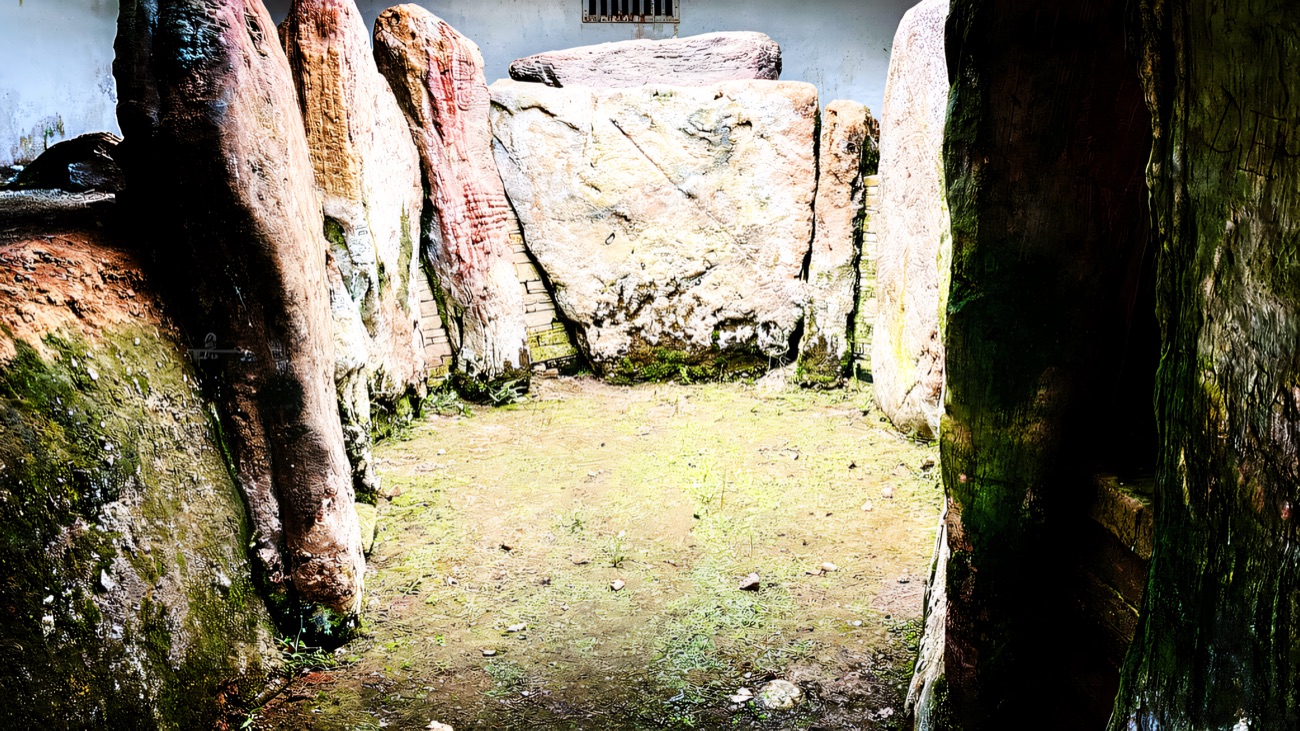 Inside the chamber, the ring of standing stones under a protective modern cover.