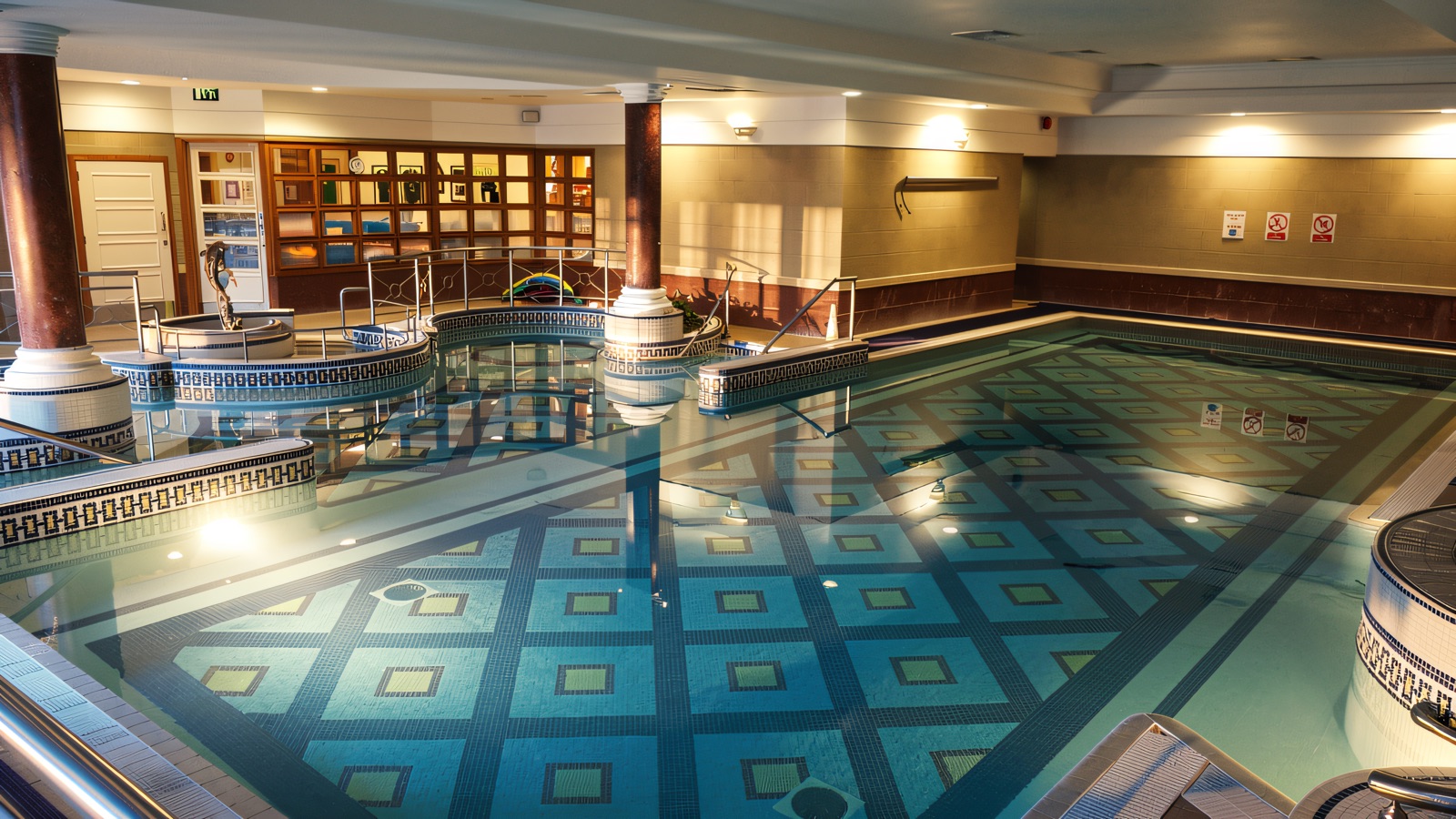 The indoor heated pool at La Mon Country Club, with its patterned tiles and jacuzzi alongside.