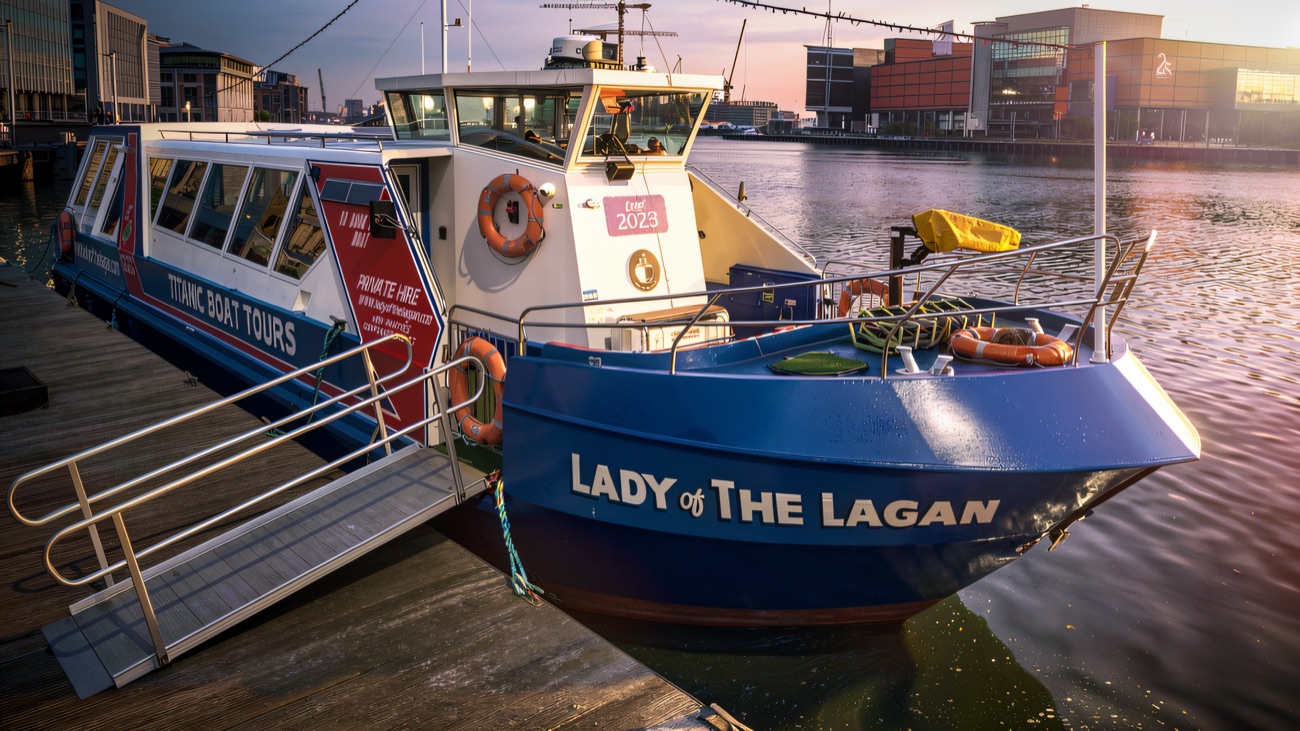 The boat's blue bow at the dock, the Titanic Quarter rising across the water.