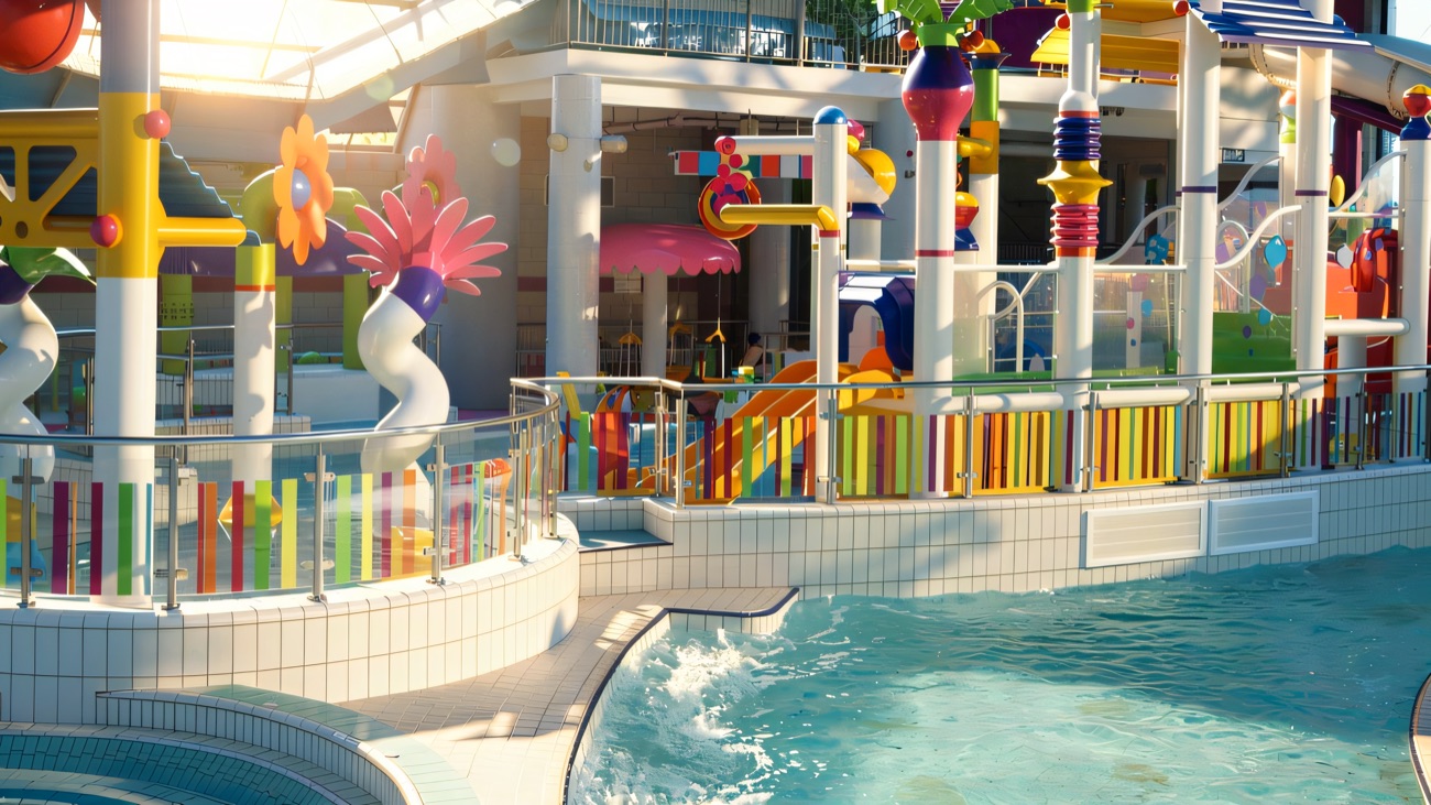 Aqualand, the colourful water play area with its slides and sprays
