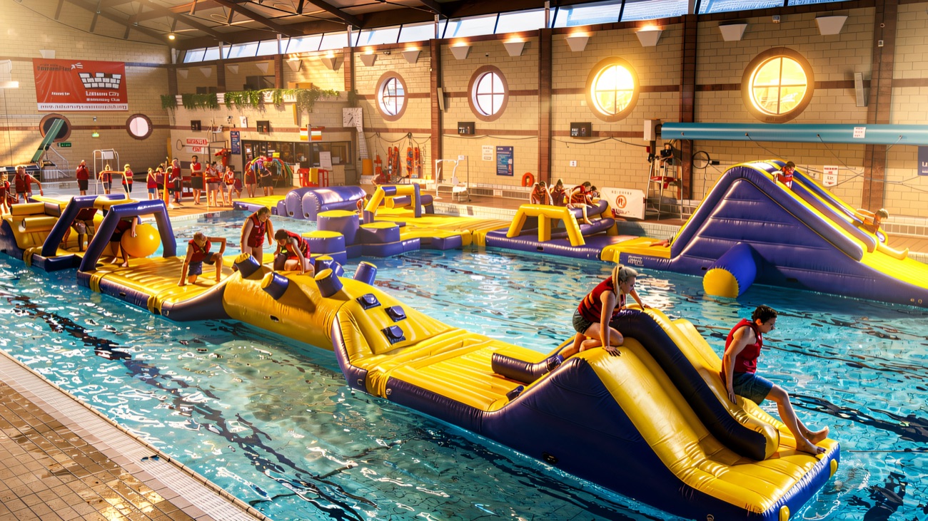 A giant inflatable assault course set up across the pool