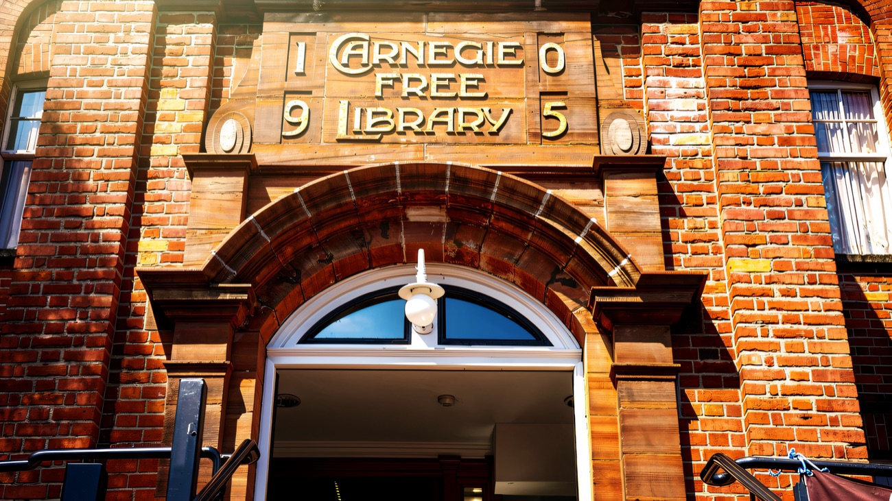 The carved Carnegie Free Library entrance
