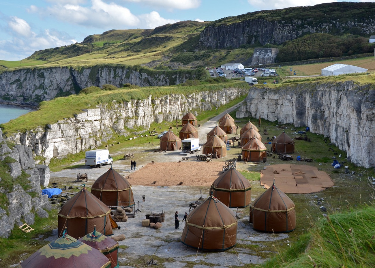 Rows of round tents in the old quarry at Larrybane during a Game of Thrones film shoot