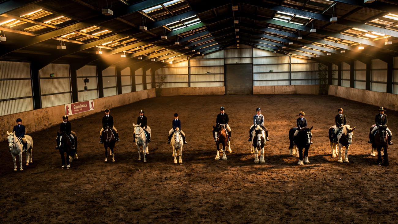 A line of riders and ponies gathered in the big indoor school