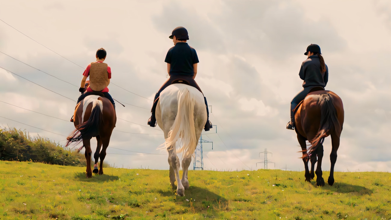 Riders heading away up a green hill on a hack