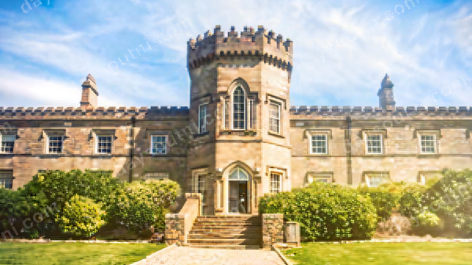 Learmount Castle in sunshine — a Gothic-revival stone house with a battlemented central tower, seen across a clipped lawn
