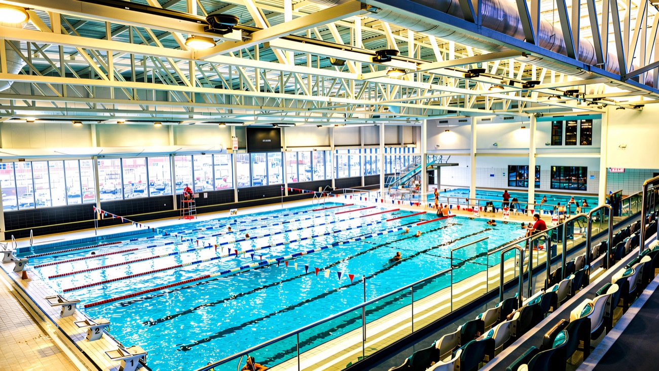 The pool seen from the tiered spectator seating