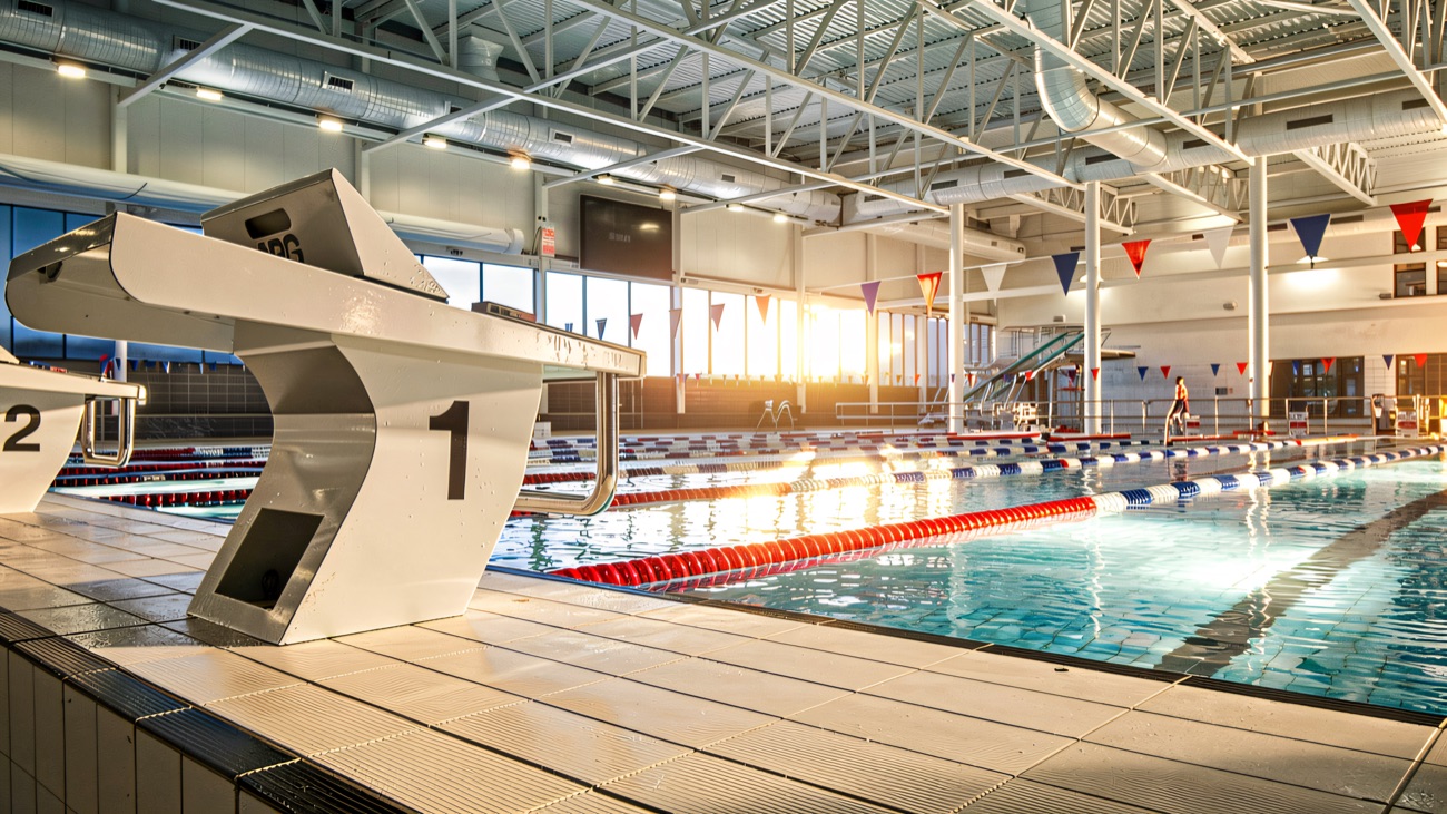 Starting blocks lined up along the end of the pool