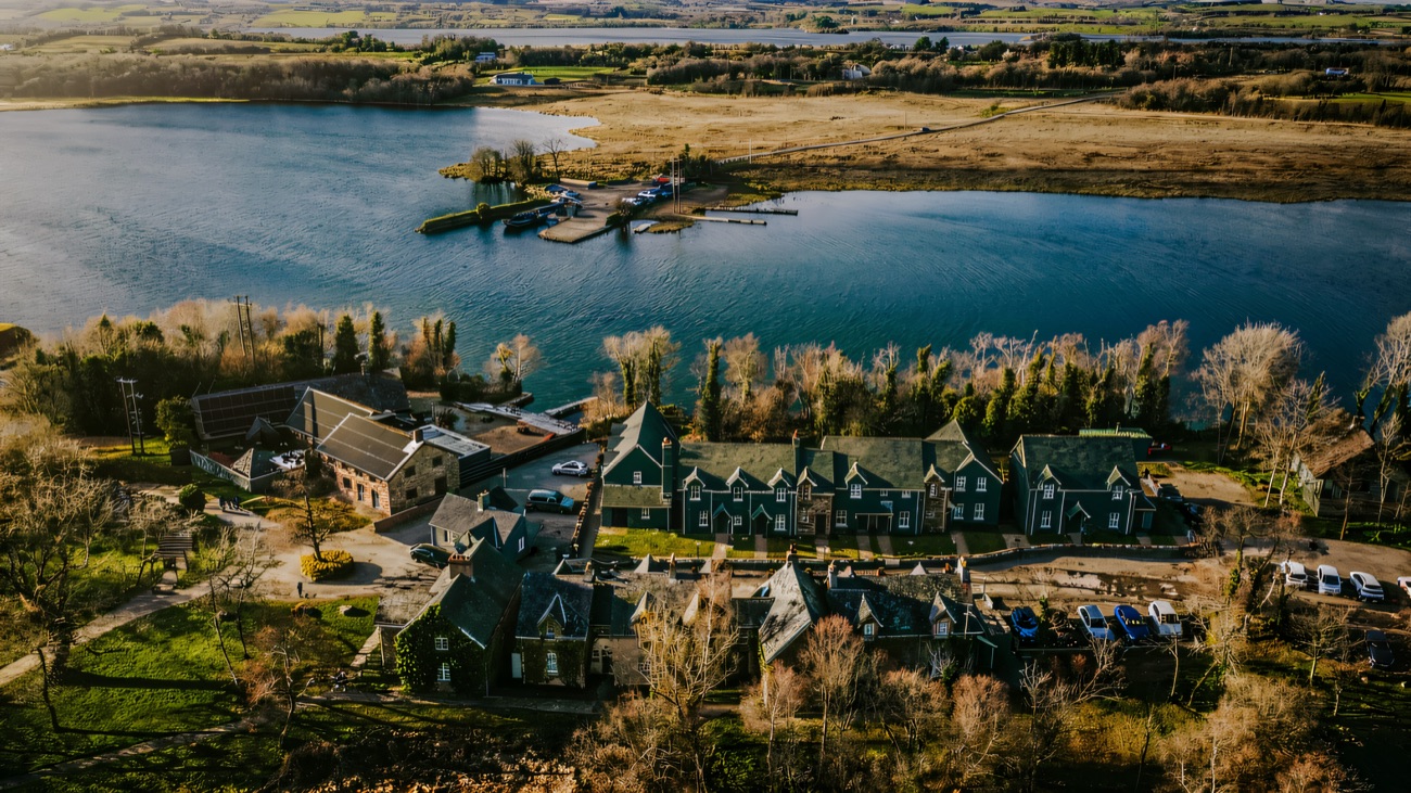 The island resort from above, wrapped in the waters of Lower Lough Erne