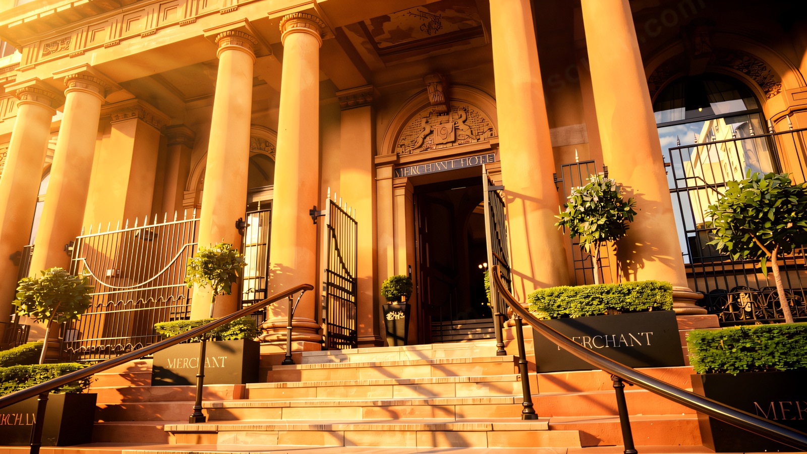 The Merchant Hotel's grand sandstone entrance, a former Victorian bank in the Cathedral Quarter.