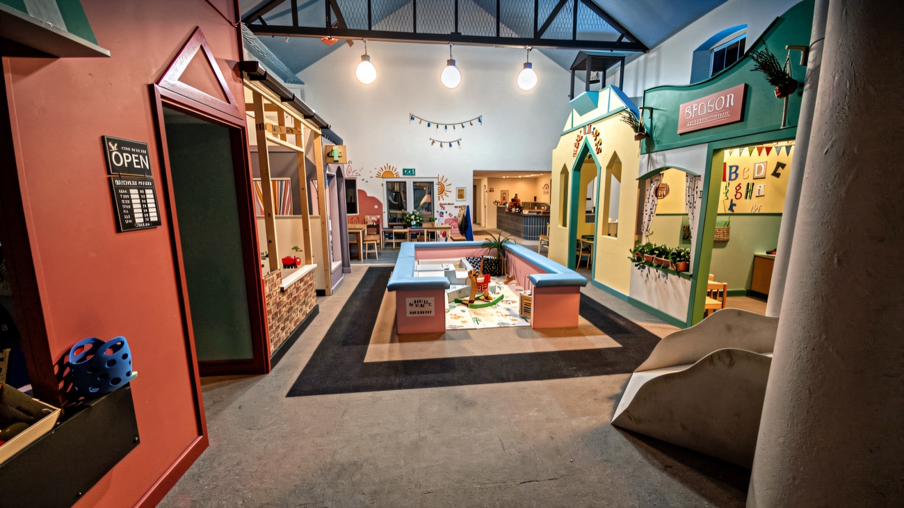 The role-play village street of miniature shopfronts with a padded baby area in the centre
