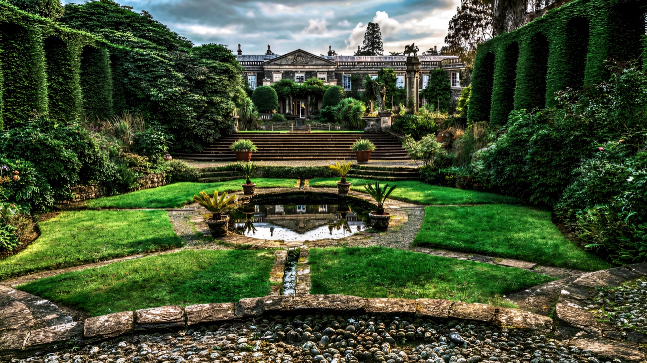 The formal sunken garden framed by clipped hedges
