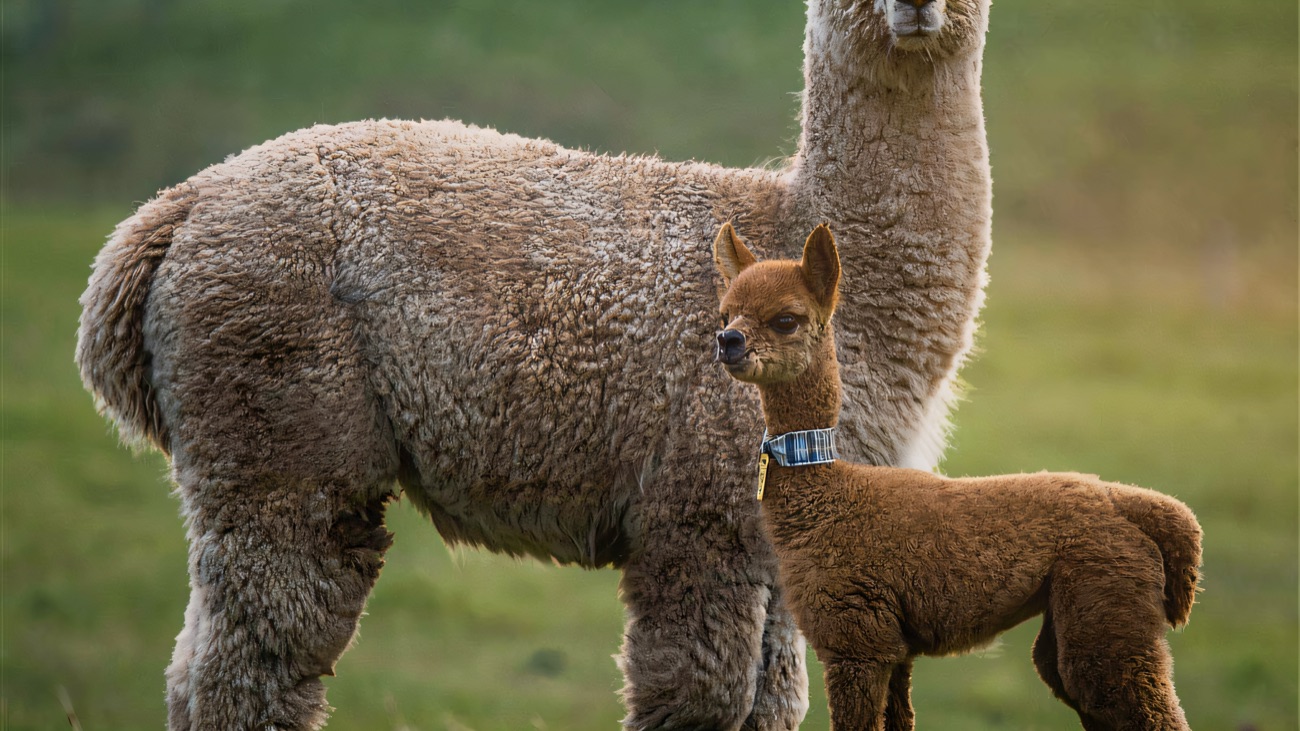 A fawn mother alpaca standing over her small brown baby cria on green grass