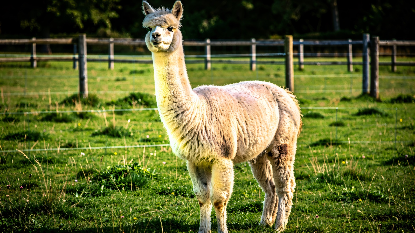 A single white alpaca standing in a fenced green pasture at Mourne Alpacas, Dromara