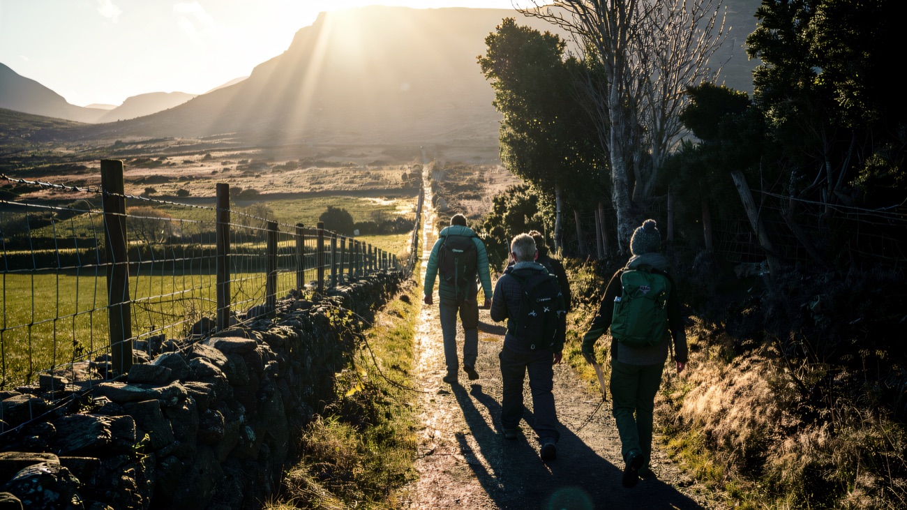 Heading into the Mournes on a track lit up by golden-hour sun