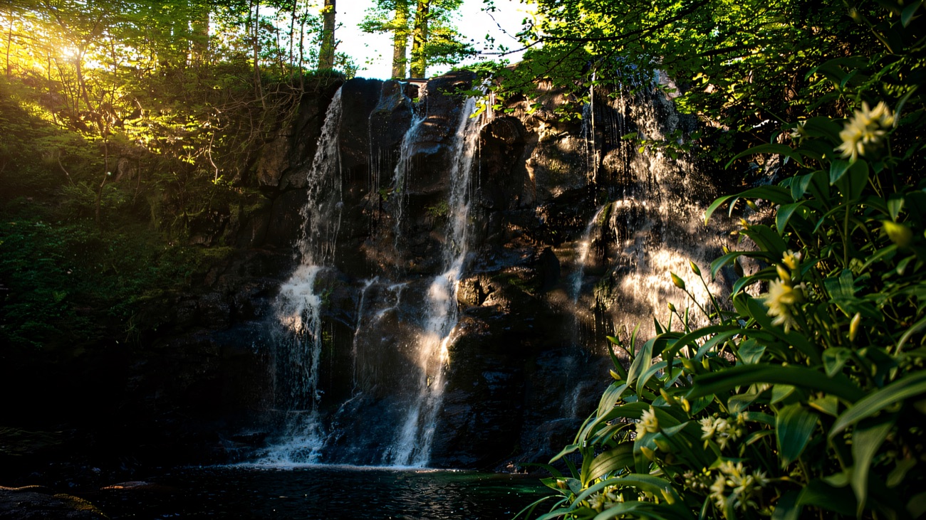 A hidden waterfall tumbling through the glen woodland
