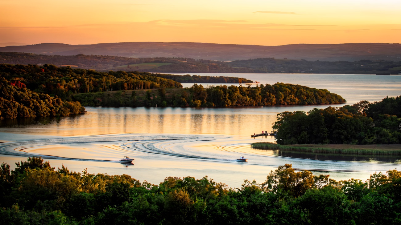 Sunset over the wooded islands of Lough Erne