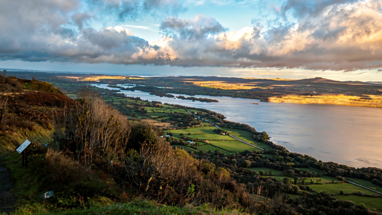 A high viewpoint looking out over the length of the lough