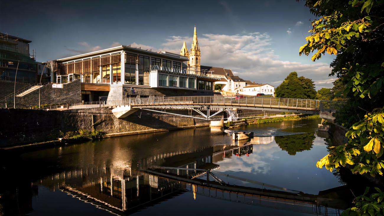 The River Strule and Strule Arts Centre mark the Omagh end of the route