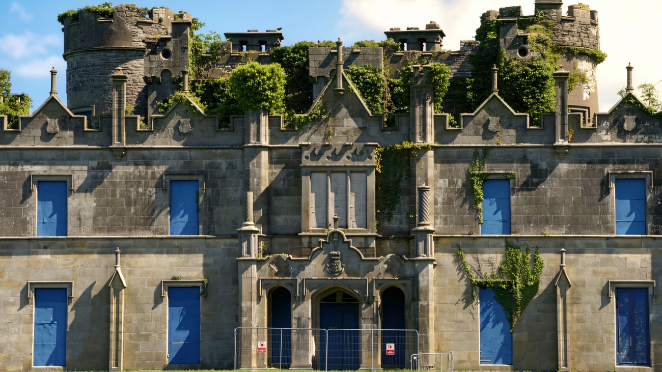 Close-up of Necarne Castle's derelict facade, ivy over the battlements, boarded-up windows and a metal safety fence across the front doors