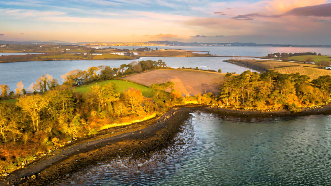 An aerial view over the wooded pladdies and shallow channels of the north lough.