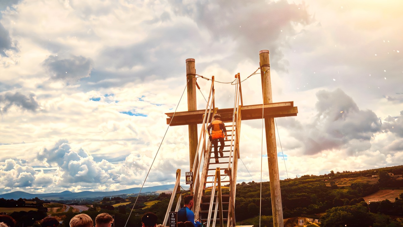 Climbing the crate tower with the Sperrin countryside stretching out behind