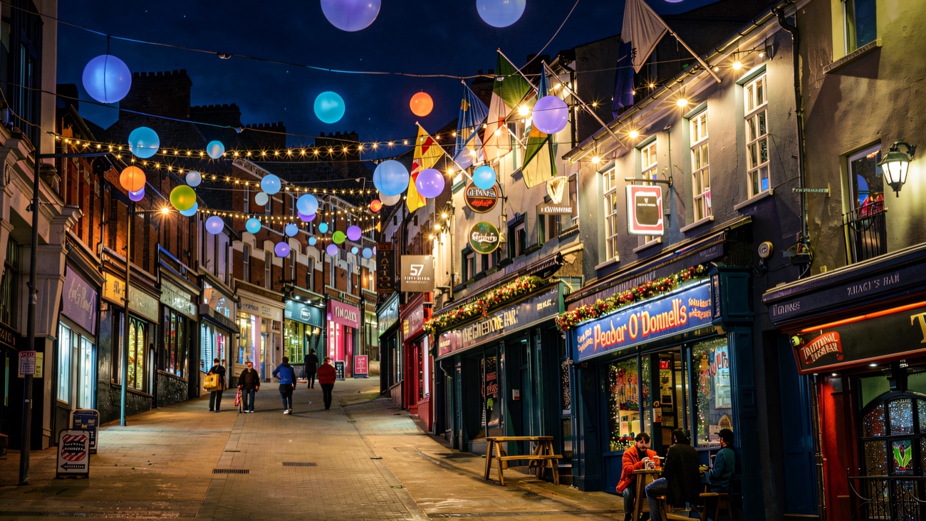 Waterloo Street at dusk, lit by the coloured globe lights strung overhead