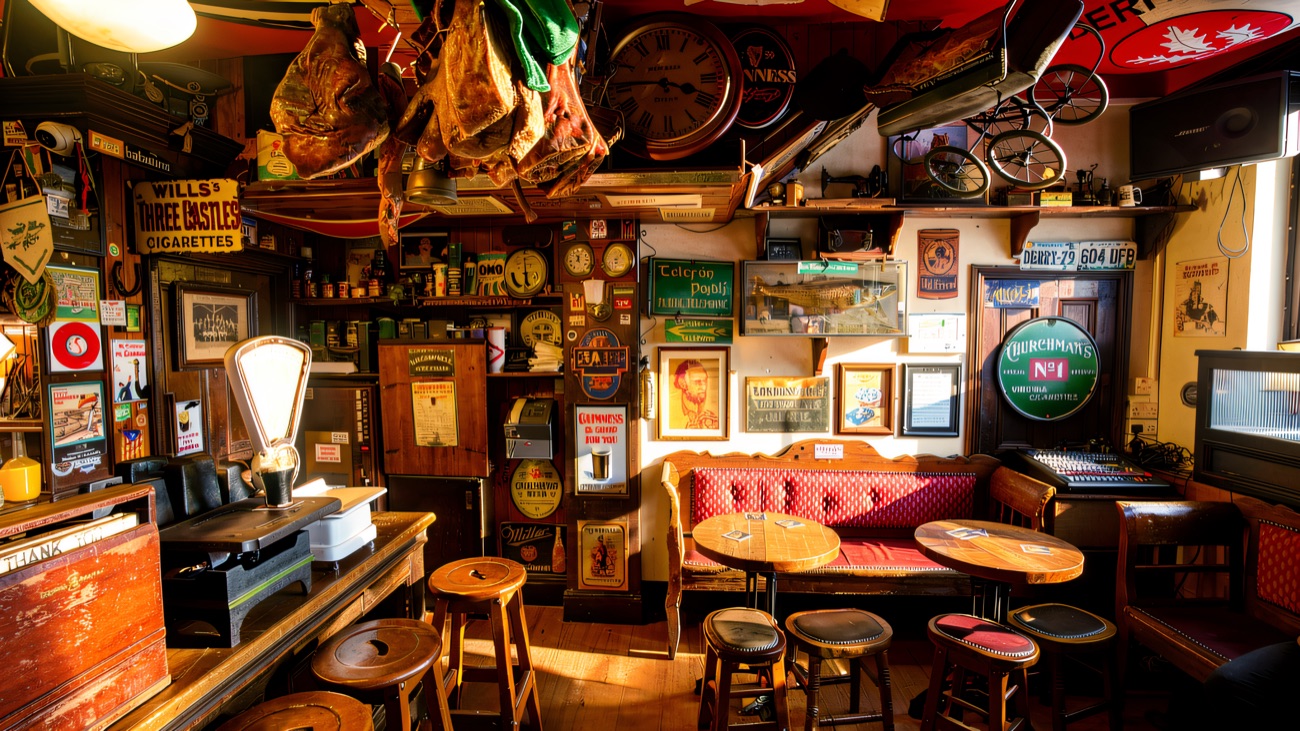 The bar interior packed with old signs, bottles and memorabilia