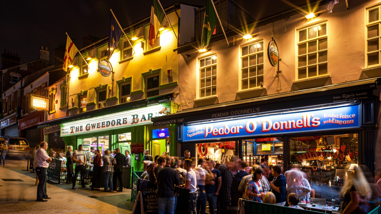 A long-exposure evening view of the bar frontage
