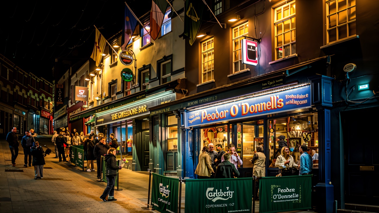 The pub exterior after dark on a busy street