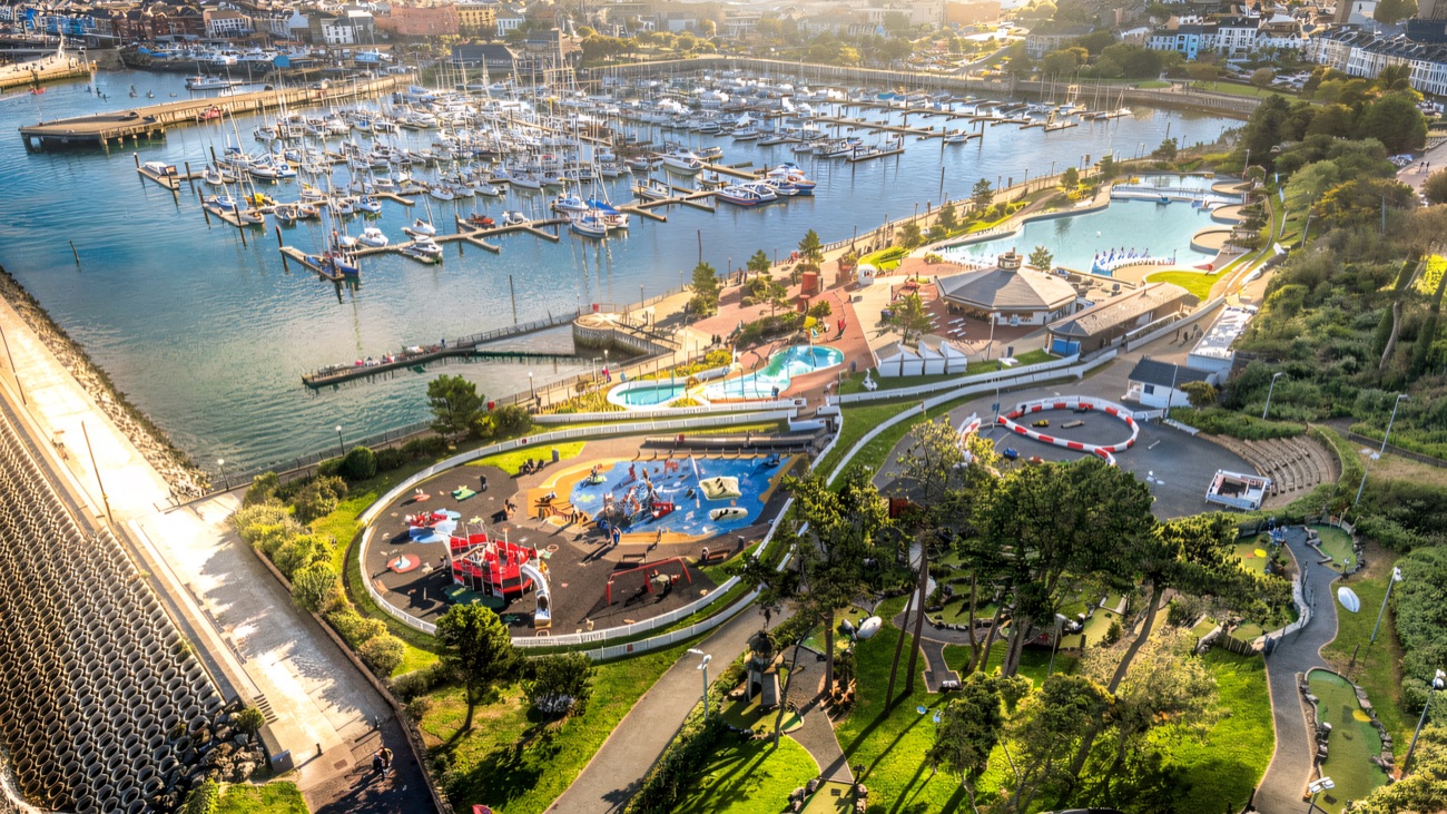 Aerial view over Pickie Funpark showing the play area and splash zone by the Bangor marina