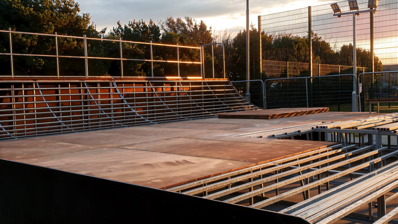 Empty ramp deck and quarter pipe at dusk, with floodlights and trees behind