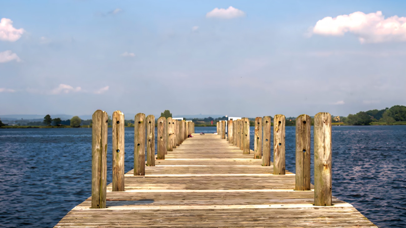 A long timber jetty running out over open water under a blue summer sky