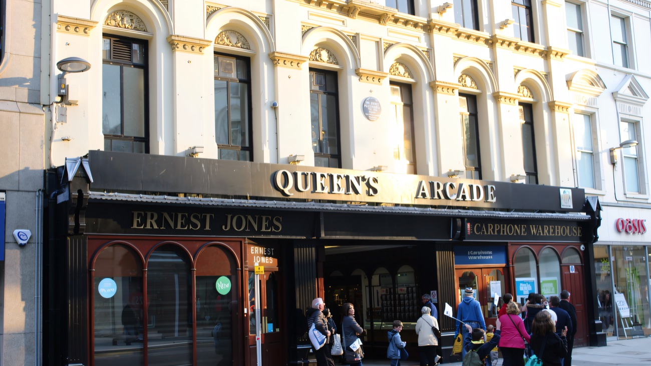 The Queen's Arcade sign over the Donegall Place entrance in Belfast
